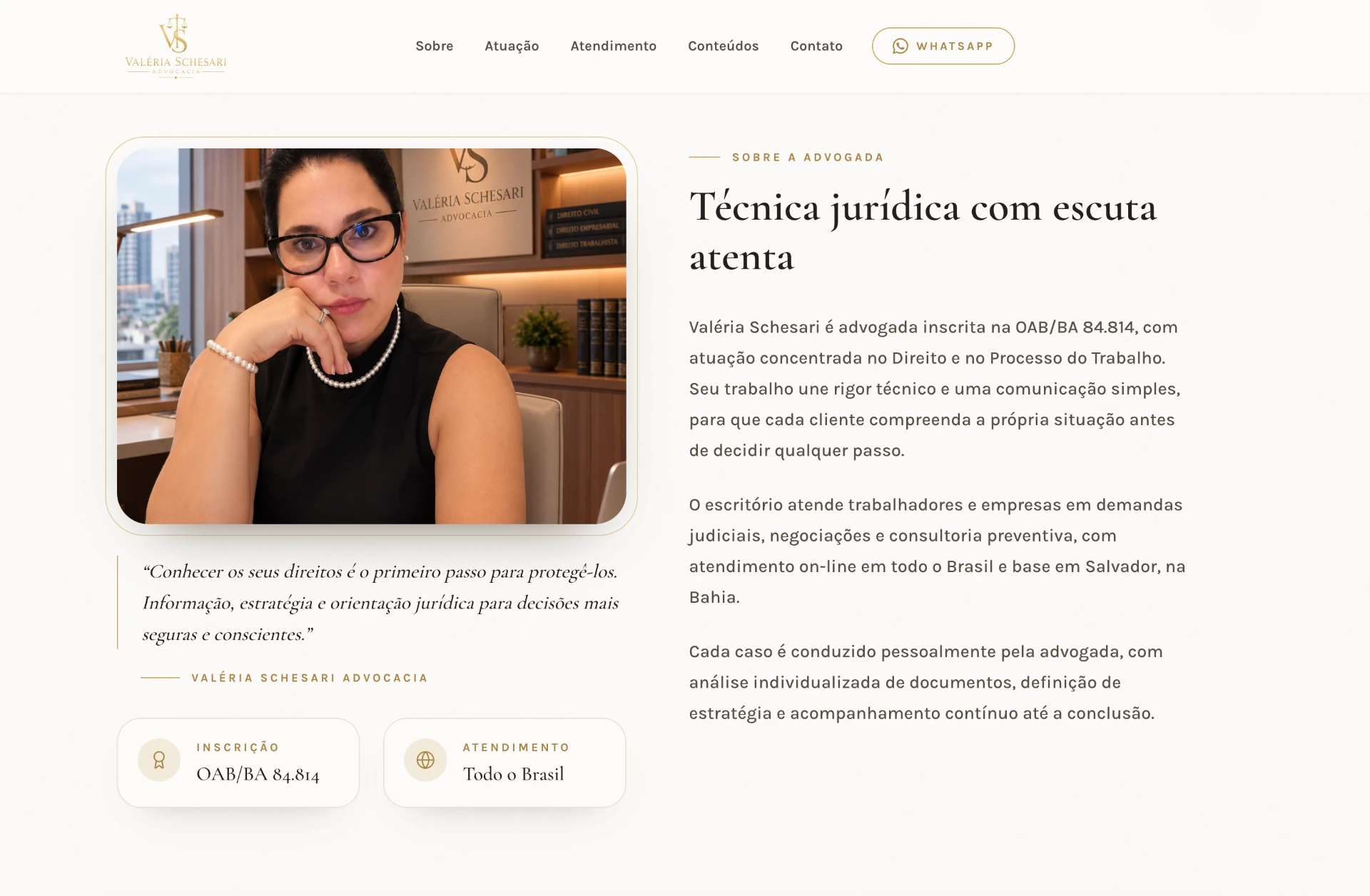 Seção sobre a advogada no site criado para Valéria Schesari Advocacia