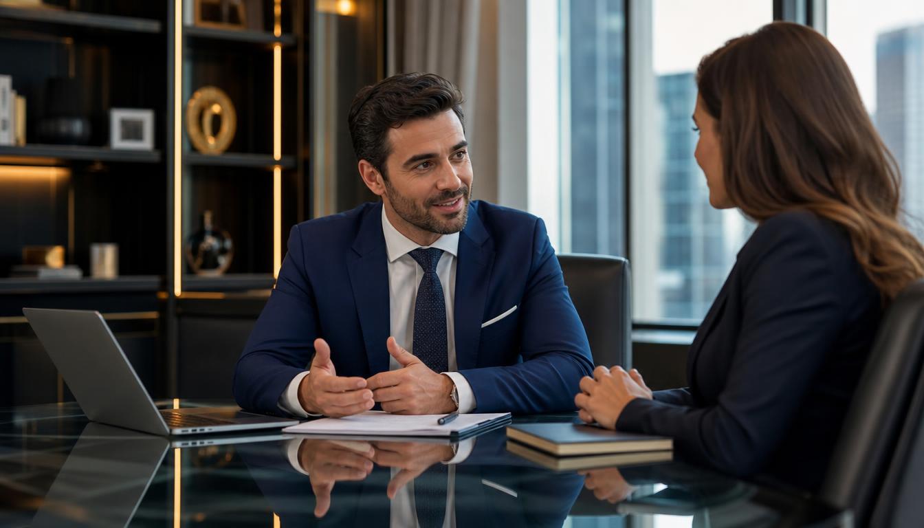 Consultor comercial apresentando soluções para cliente em uma reunião