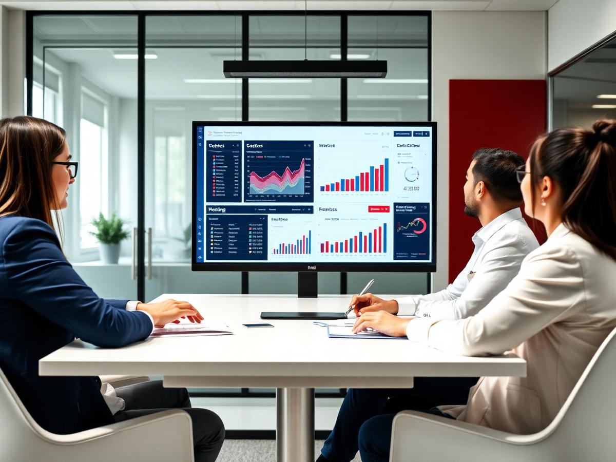 Equipe analisando dashboards de campanhas digitais em uma sala moderna