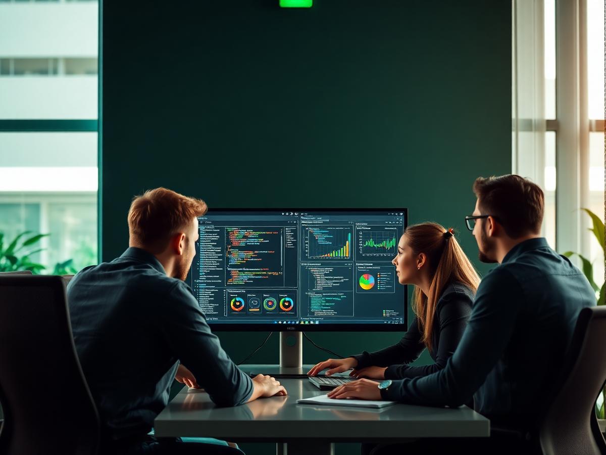 Equipe de tecnologia analisando painéis e código de um sistema personalizado